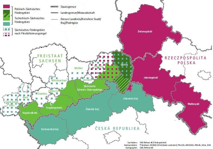 Fördergebiete grenzübergreifende Zusammenarbeit 2007 - 2013 im Rahmen des Ziels "Europäische territoriale Zusammenarbeit" zwischen Sachsen und Polen bzw. Tschechien