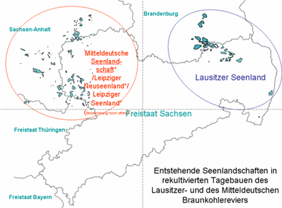 Karte der entstehenden Seenlandschaften in rekultivierten Tagebauen des Lausitzer- und des Mitteldeutschen Braunkohlereviers