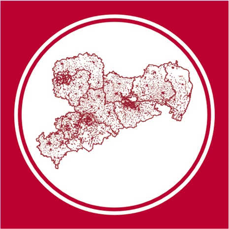 Die Fläche des Freistaates Sachsen mit Landkreisgrenzen und generalisierten Bevölkerungsdaten auf weißem Hintergrund umgeben von einem roten Kreis umrahmt von einem rotem Quadrat.